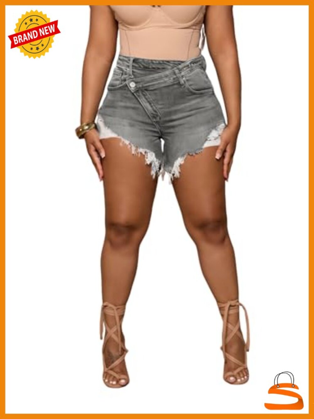 High Waisted Crossover Jean Shorts Ripped Hem Raw Denim Shorts